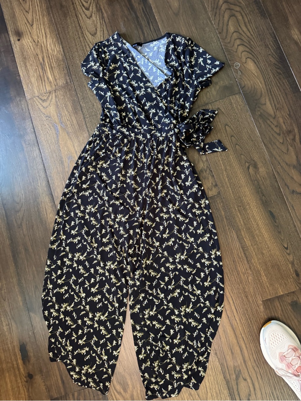 Black Floral Tie-Waist Wrap Jumpsuit
